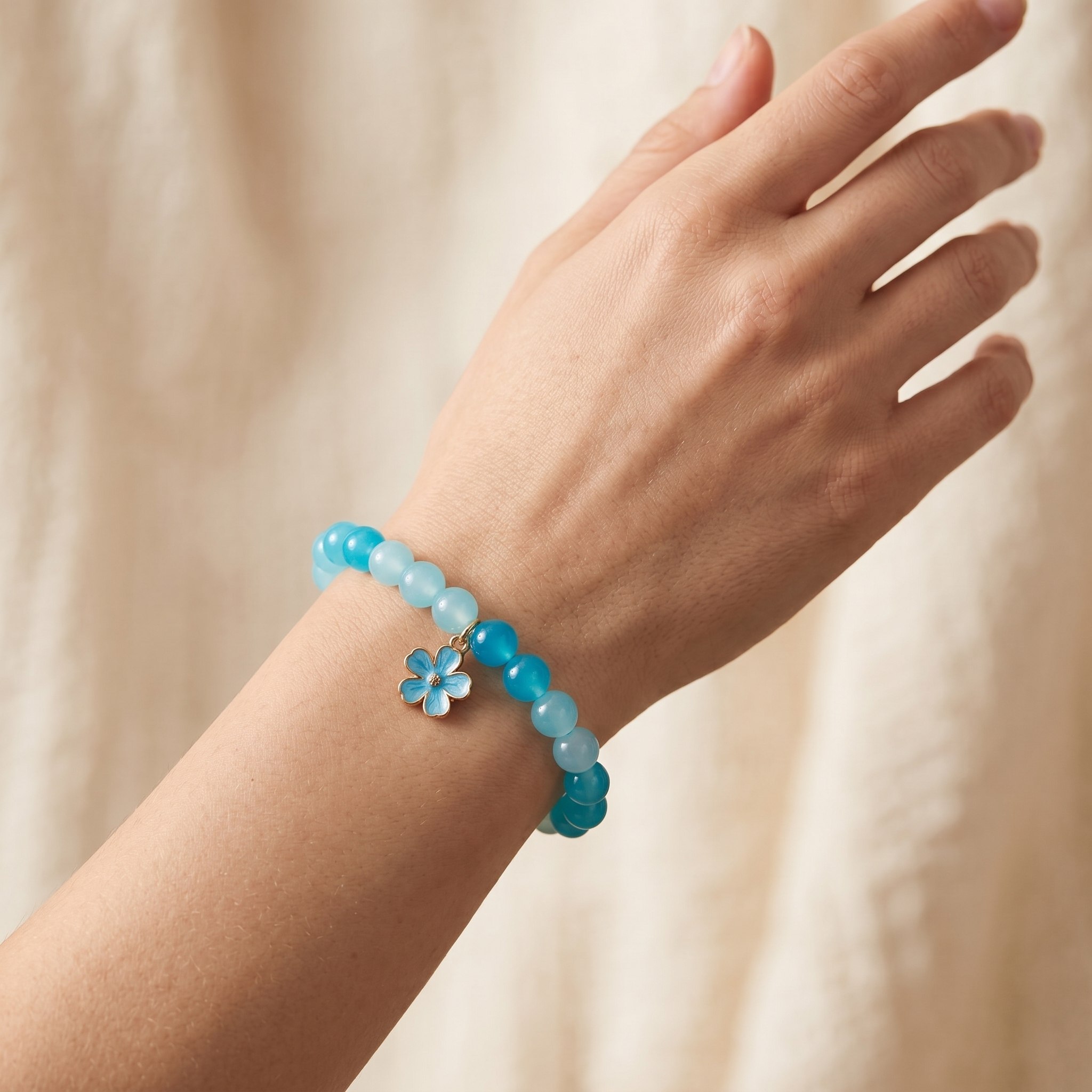 Blue Teal Crystal Bead Bracelet | Handmade Flower Charm Jewelry