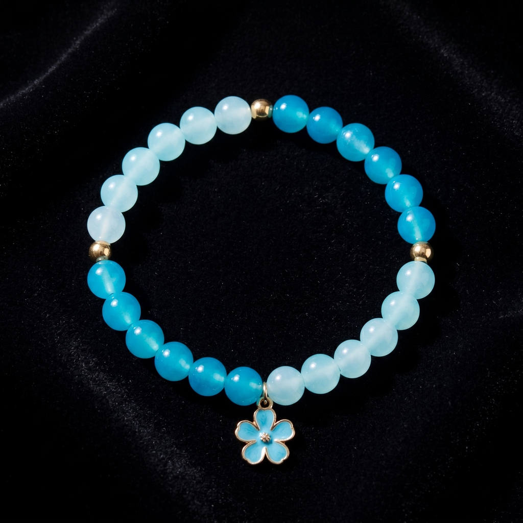 Blue Teal Crystal Bead Bracelet | Handmade Flower Charm Jewelry