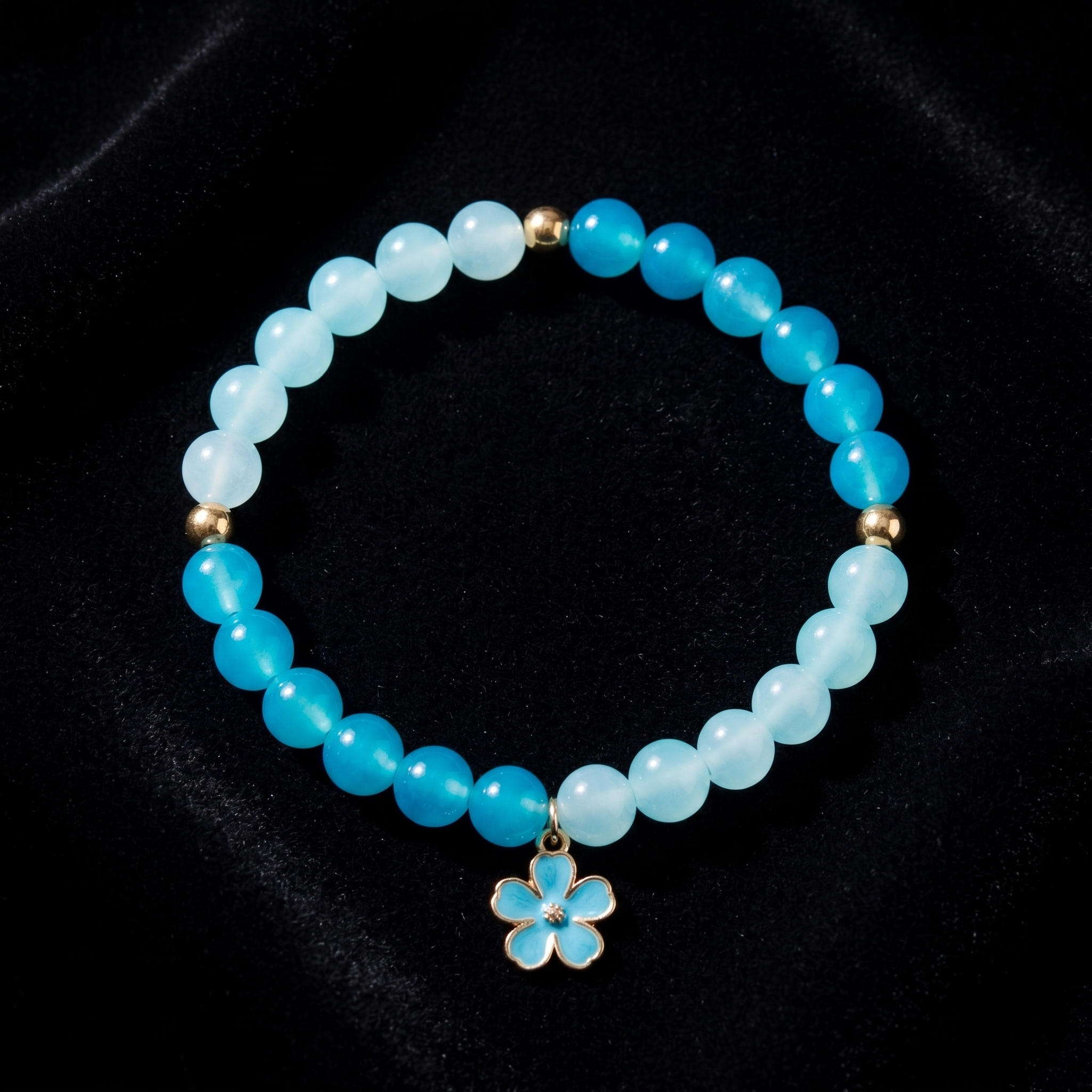 Blue Teal Crystal Bead Bracelet | Handmade Flower Charm Jewelry