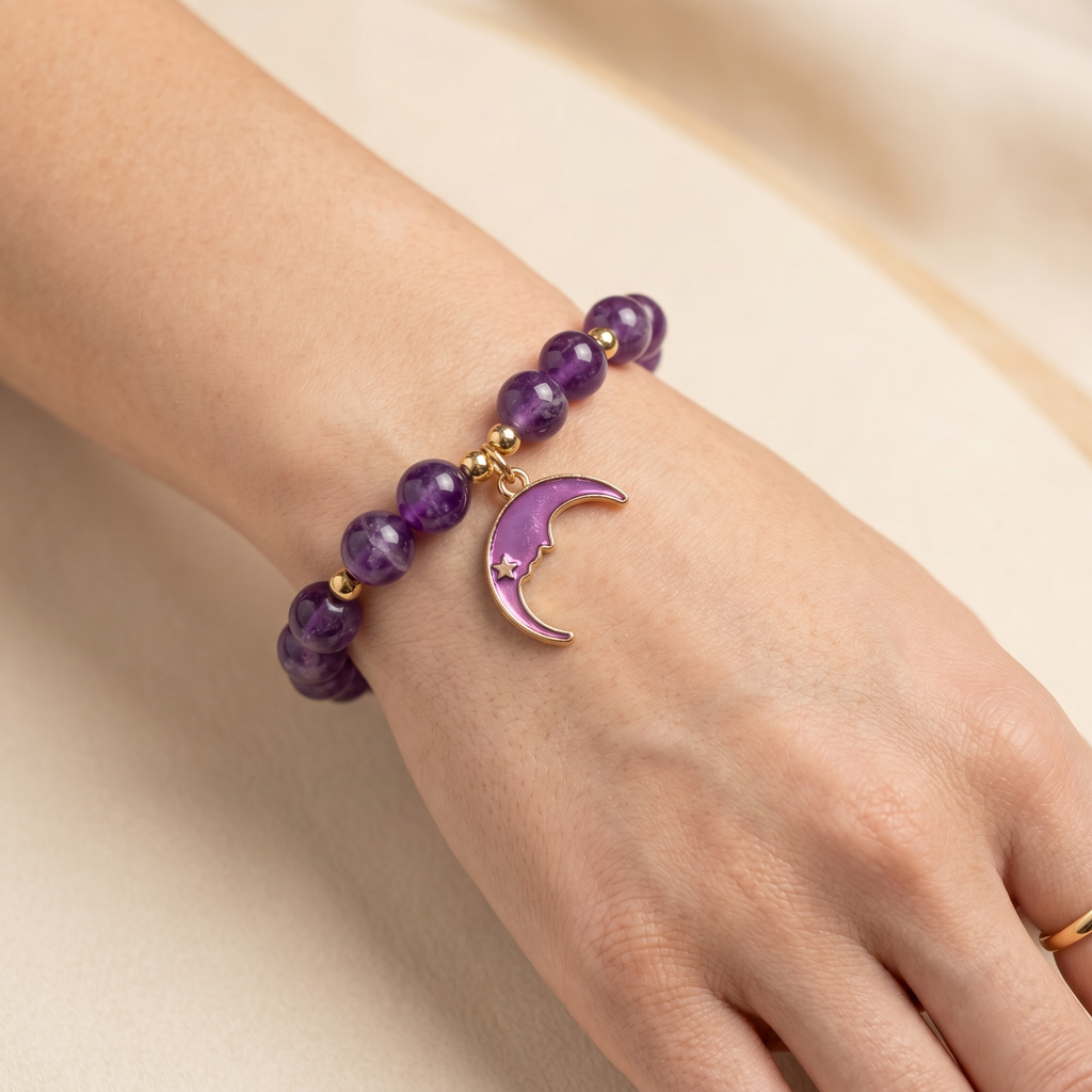 Purple Crystal Beaded Bracelet | Handmade Moon Charm Celestial Jewelry