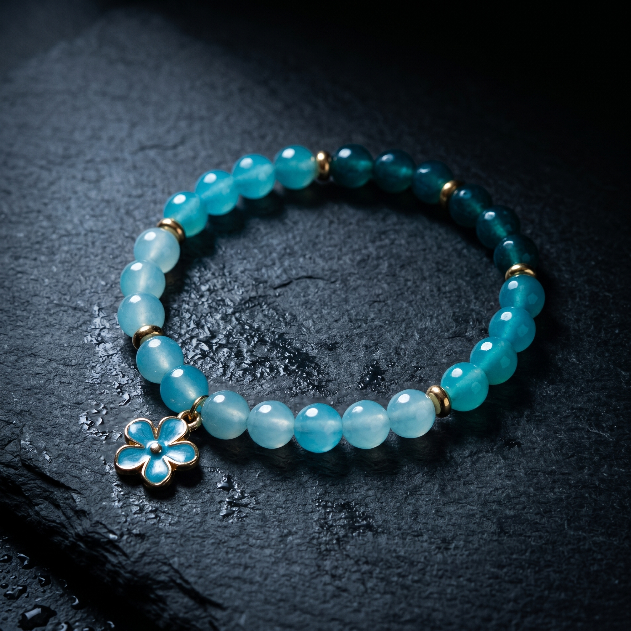 Blue Teal Crystal Bead Bracelet | Handmade Flower Charm Jewelry