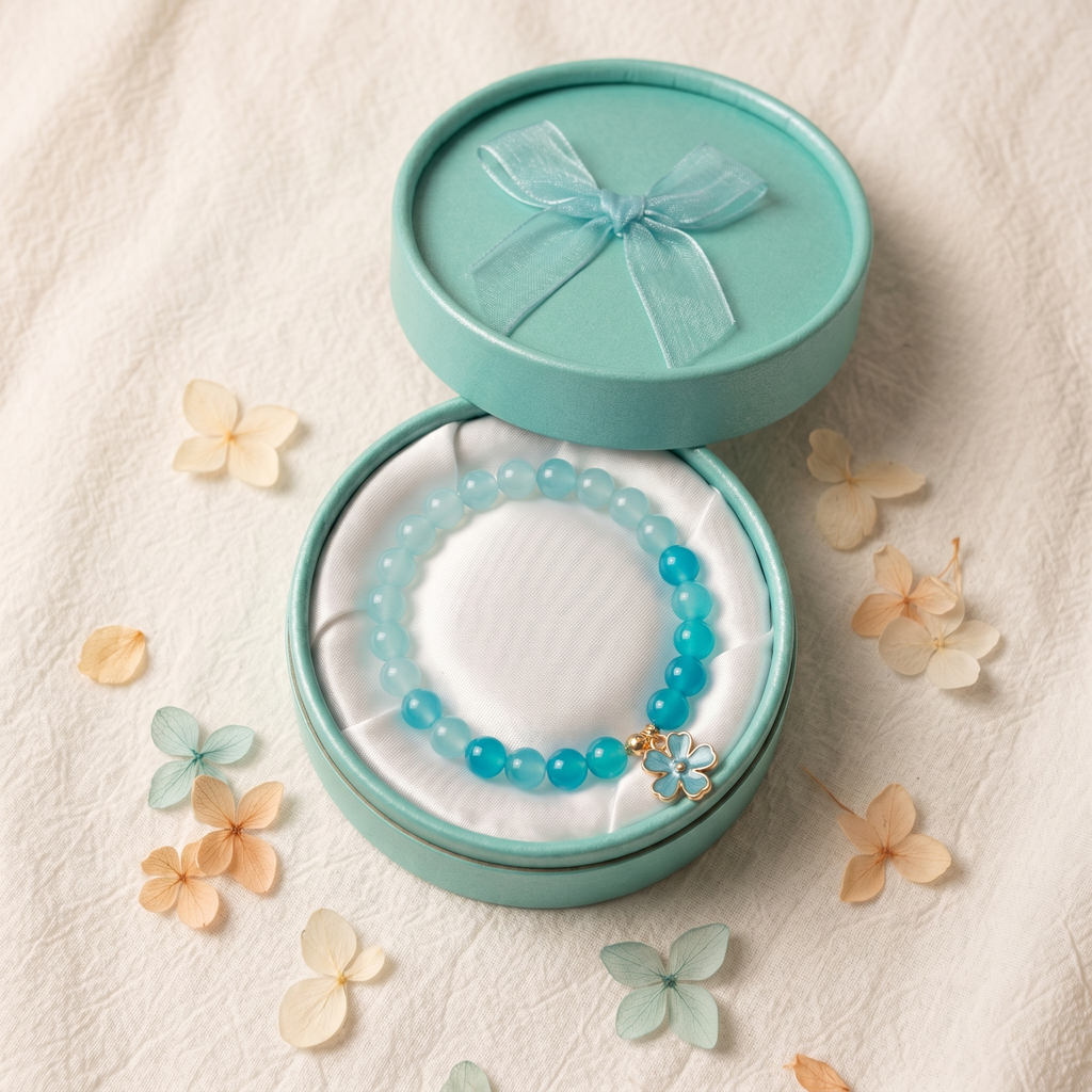 Blue Teal Crystal Bead Bracelet | Handmade Flower Charm Jewelry