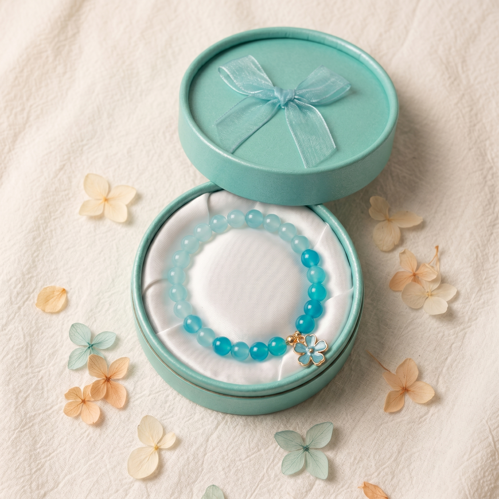 Blue Teal Crystal Bead Bracelet | Handmade Flower Charm Jewelry