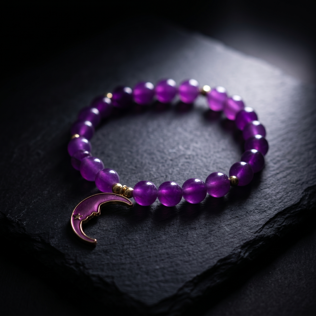 Purple Crystal Beaded Bracelet | Handmade Moon Charm Celestial Jewelry