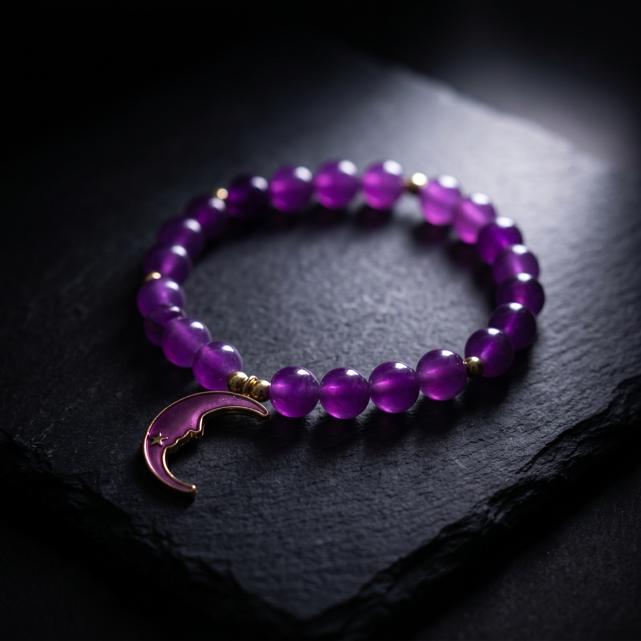 Purple Crystal Beaded Bracelet | Handmade Moon Charm Celestial Jewelry