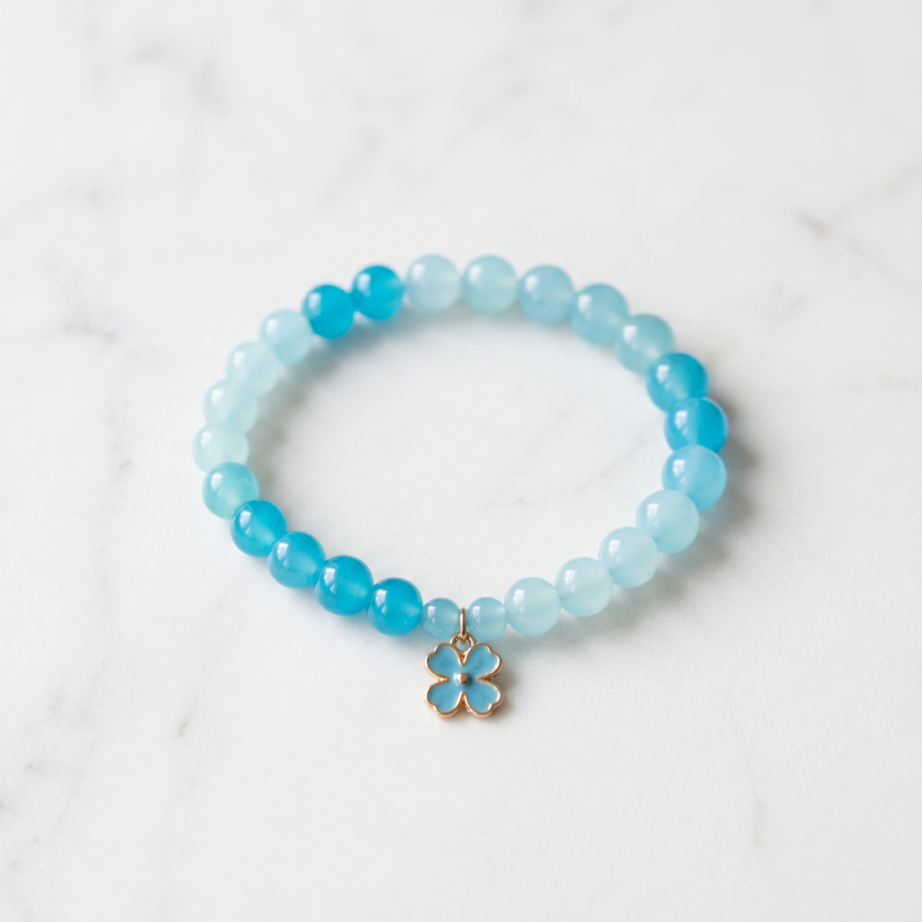 Blue Teal Crystal Bead Bracelet | Handmade Flower Charm Jewelry
