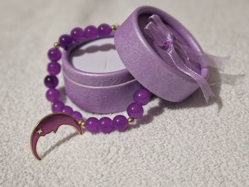 Purple Crystal Beaded Bracelet | Handmade Moon Charm Celestial Jewelry