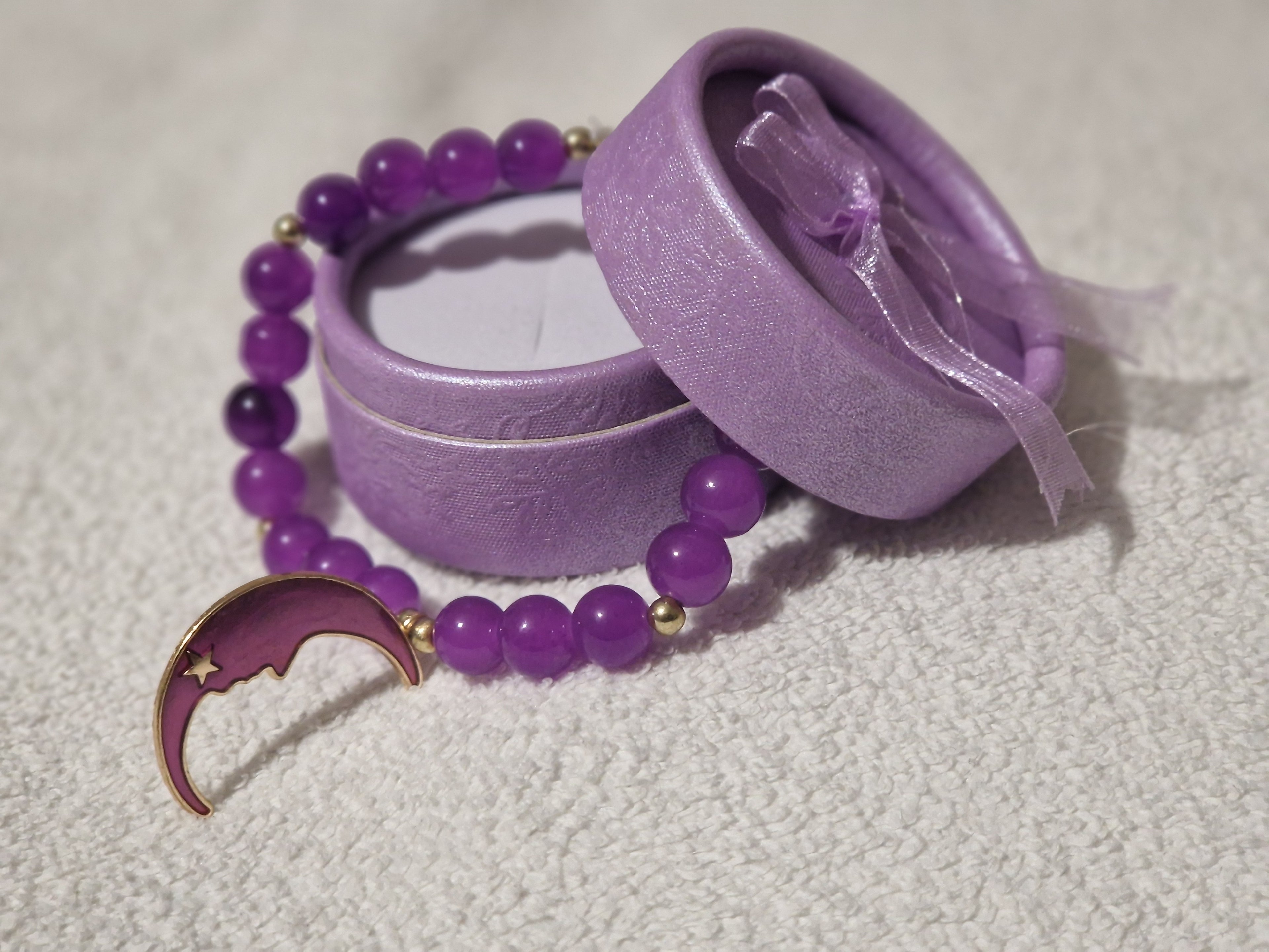 Purple Crystal Beaded Bracelet | Handmade Moon Charm Celestial Jewelry