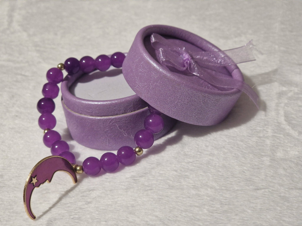 Purple Crystal Beaded Bracelet | Handmade Moon Charm Celestial Jewelry