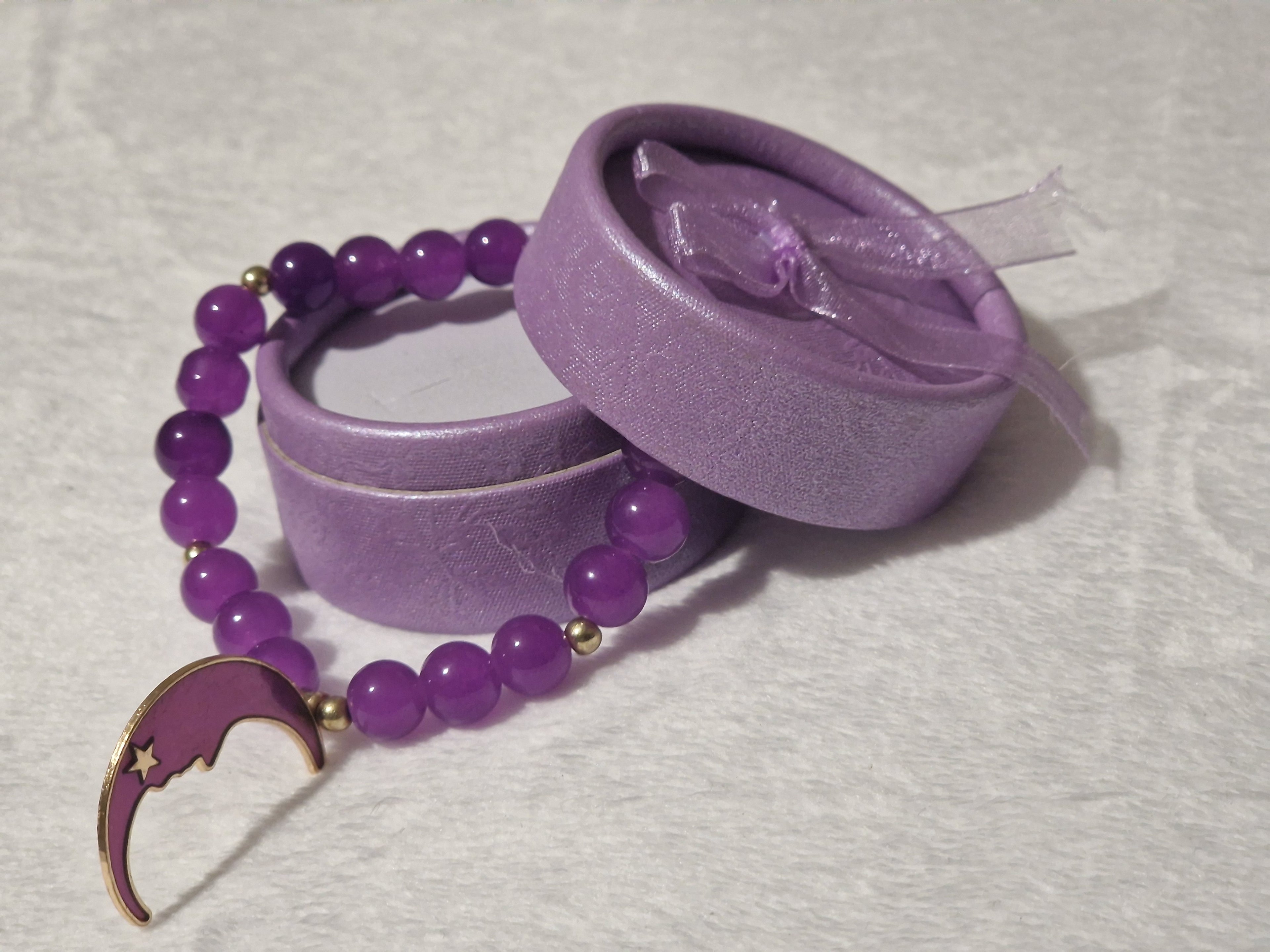 Purple Crystal Beaded Bracelet | Handmade Moon Charm Celestial Jewelry