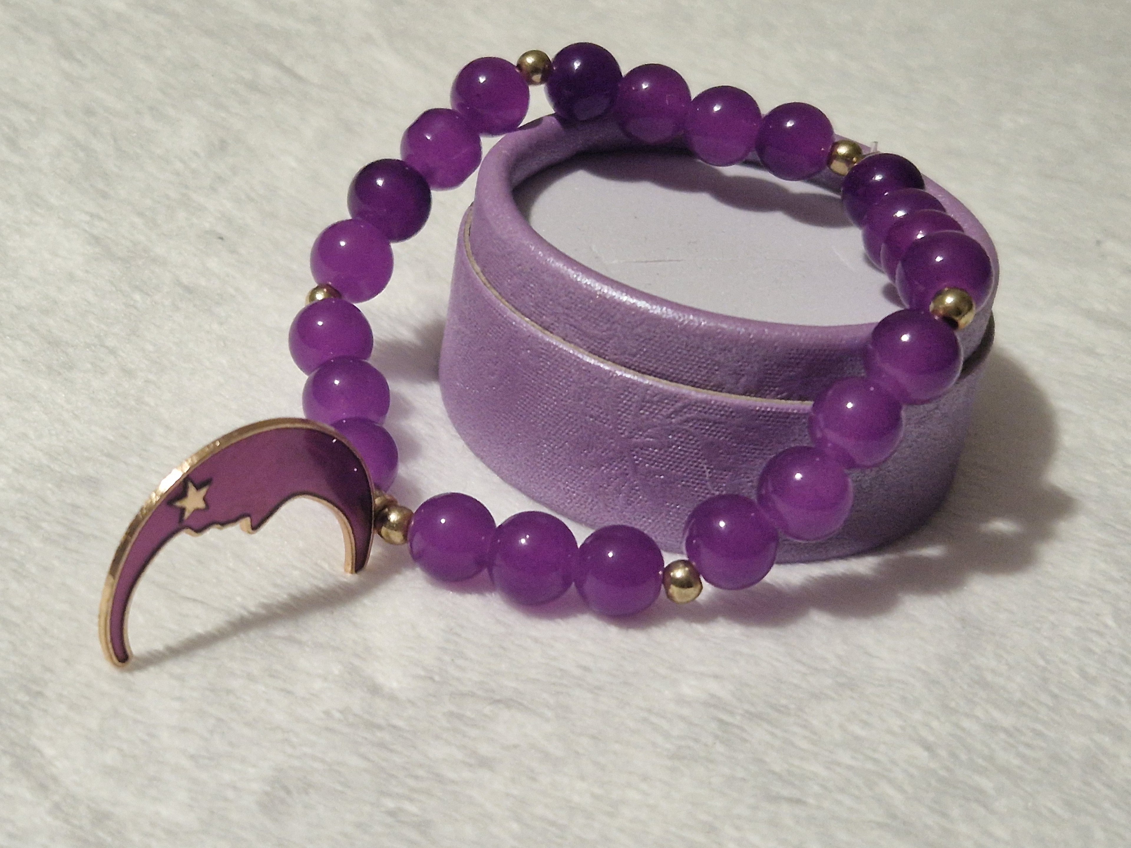 Purple Crystal Beaded Bracelet | Handmade Moon Charm Celestial Jewelry