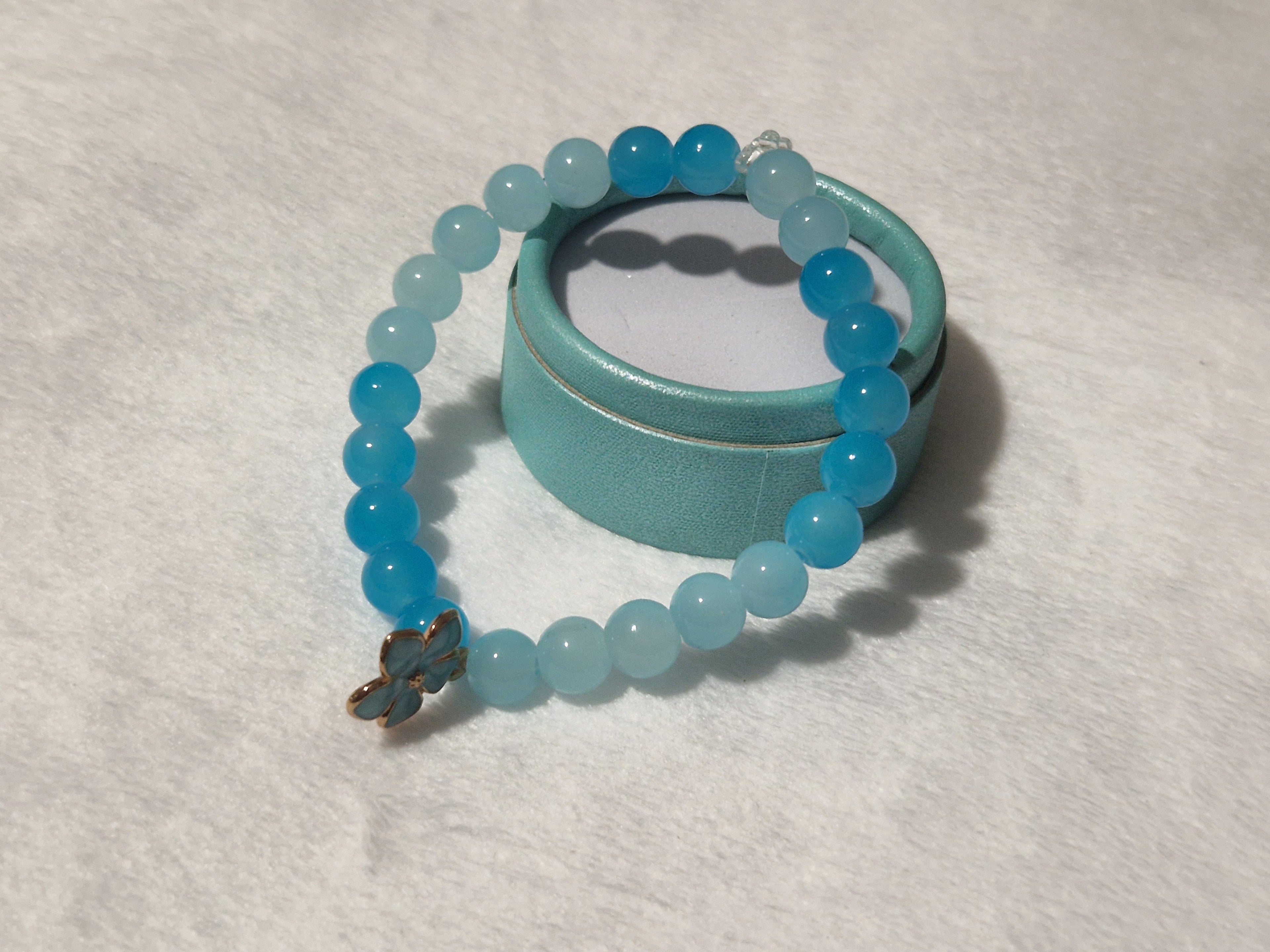 Blue Teal Crystal Bead Bracelet | Handmade Flower Charm Jewelry