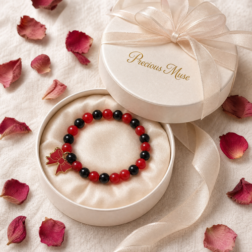 Handmade Red and Black Crystal Glass Bead Stretch Bracelet with Gold Enamel Bow Charm